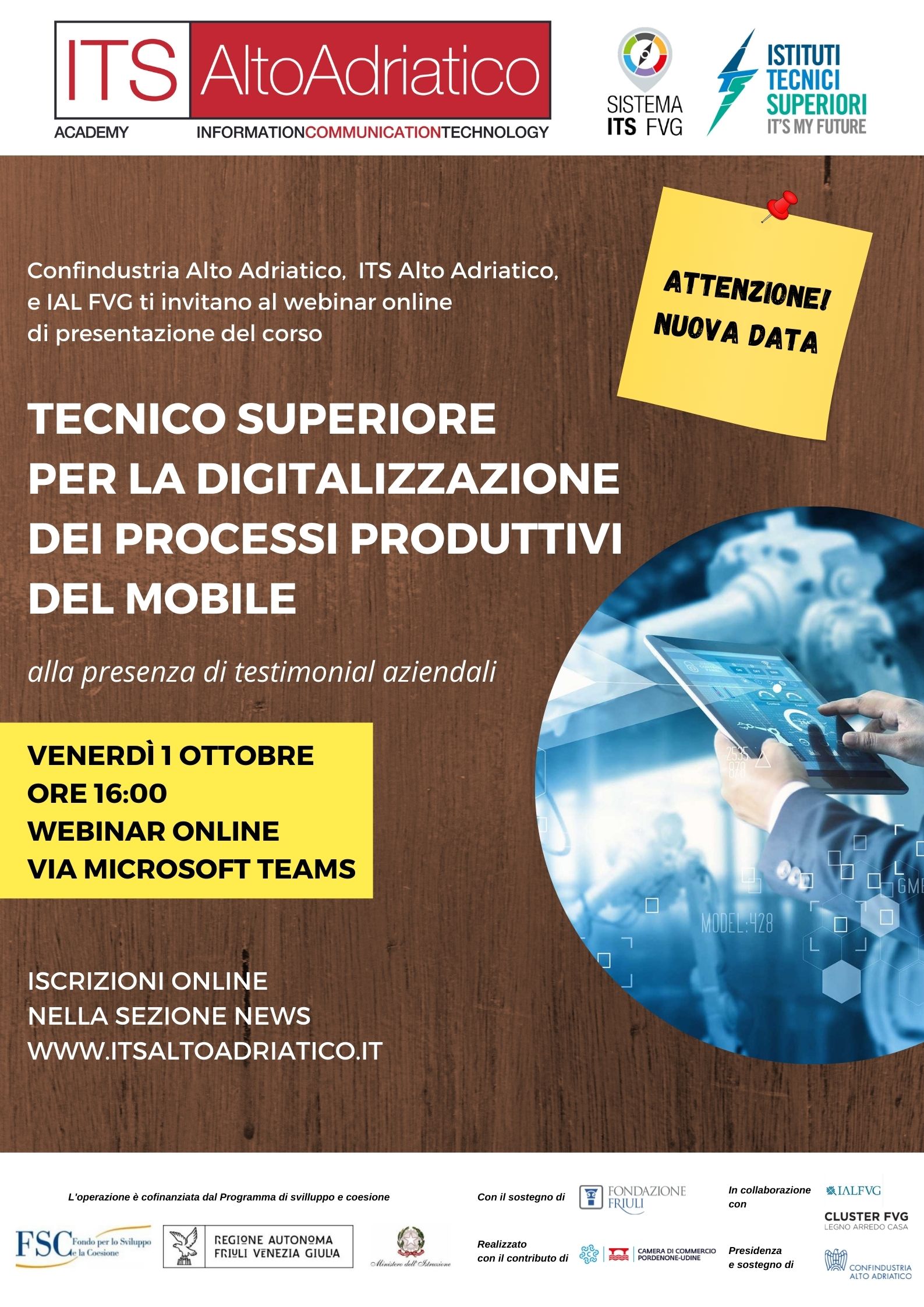 Rinviato a venerdì 1 ottobre ore 16:00 il nuovo incontro di presentazione del 1° corso ITS in Italia dedicato all’ambito ICT nei processi produttivi del settore mobile